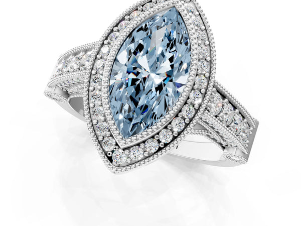 Platinum Marquise Vintage Bezel Halo Engagement Ring Setting for Fancy Blue Center