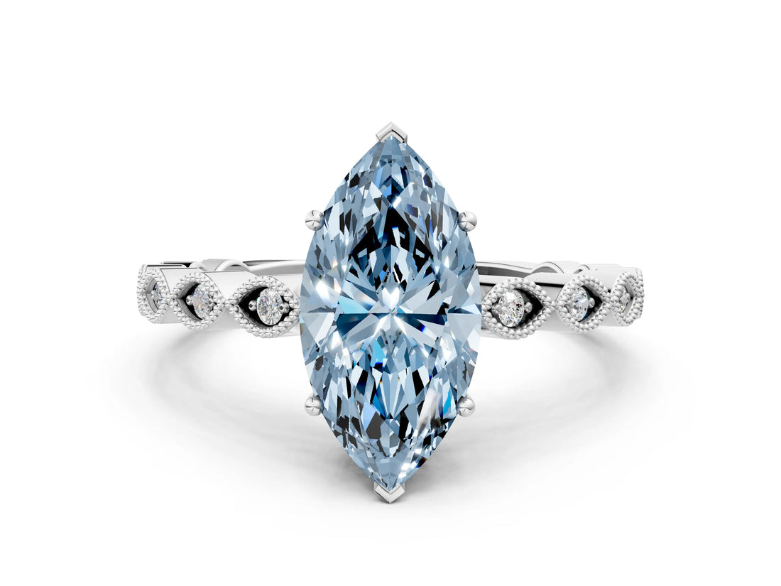 Platinum Fancy Blue Marquise Cut Solitaire Diamond Ring with Infinity Twist Band and Four-Prong Setting_36