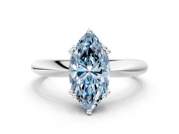 Platinum Fancy Blue Marquise  Cut Solitaire Engagement Ring with Tapered Band and Four-Prong Setting