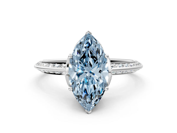 Platinum Fancy Blue Marquise Cut Solitaire Split Shank Pave Diamond Engagement Ring with Four-Prong Setting