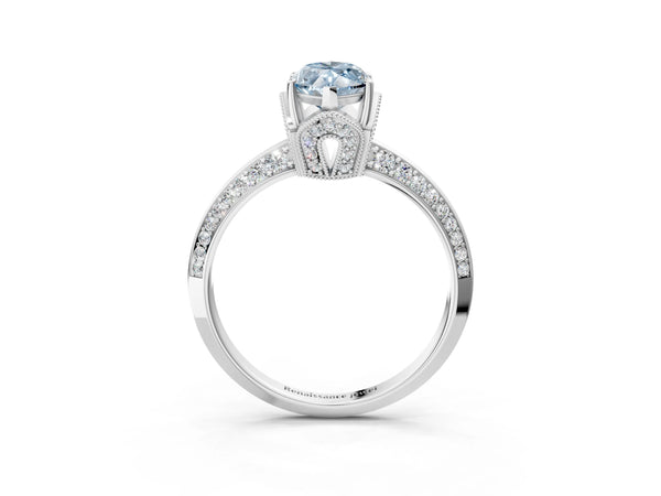 Platinum Fancy Blue Marquise Cut Solitaire Split Shank Pave Diamond Engagement Ring with Four-Prong Setting