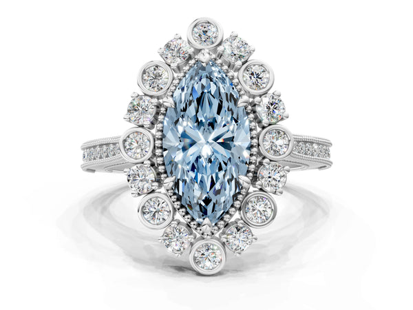 Platinum Fancy Blue Marquise  Halo Milgrain Pave Diamond Ring with Four-Prong Setting