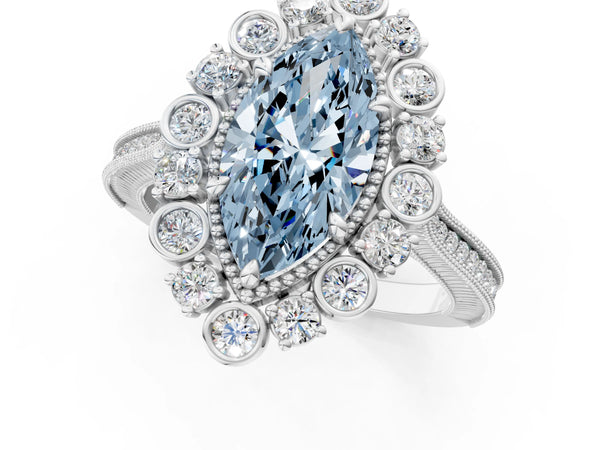 Platinum Fancy Blue Marquise  Halo Milgrain Pave Diamond Ring with Four-Prong Setting