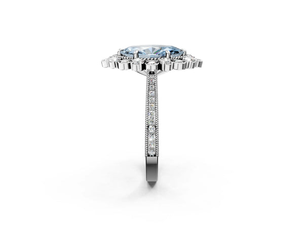 Platinum Fancy Blue Marquise  Halo Milgrain Pave Diamond Ring with Four-Prong Setting