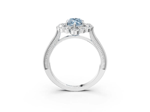 Platinum Fancy Blue Marquise  Halo Milgrain Pave Diamond Ring with Four-Prong Setting