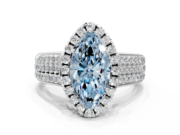 Platinum Fancy Blue Marquise  Halo Round Diamond Pave Band with Prong Setting