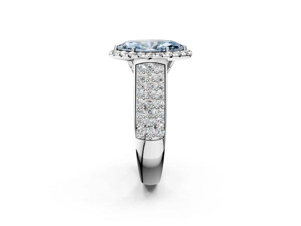 Platinum Fancy Blue Marquise  Halo Round Diamond Pave Band with Prong Setting