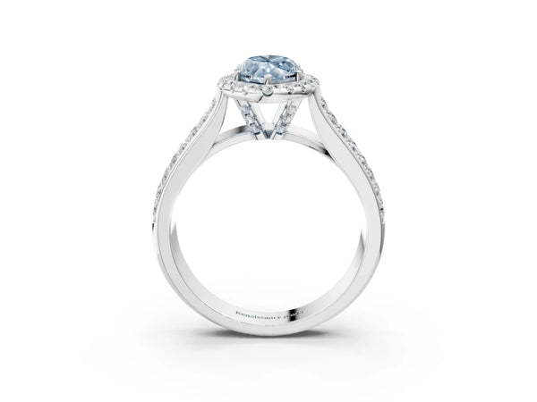 Platinum Fancy Blue Marquise  Halo Round Diamond Pave Band with Prong Setting