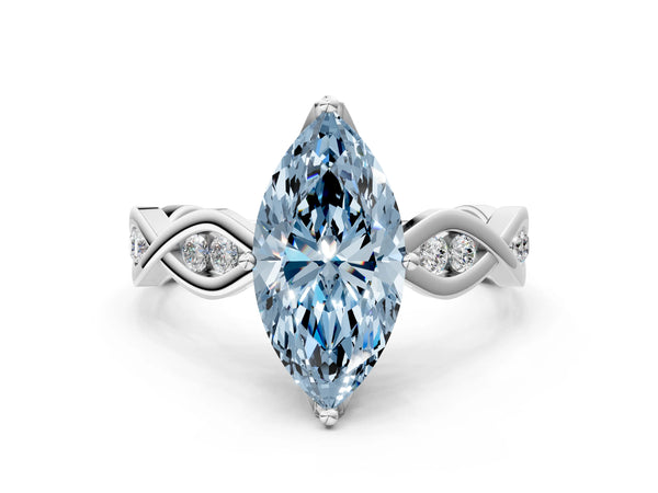 Platinum Fancy Blue Marquise  Solitaire Twist Band with Leaf Prong Setting