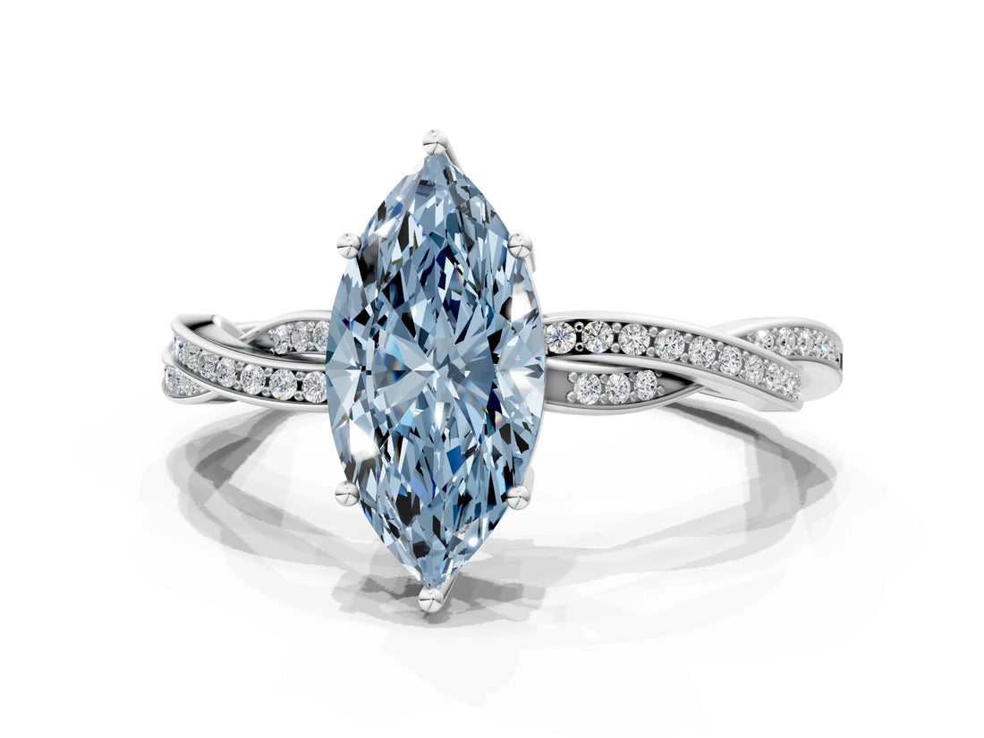 Platinum Fancy Blue Marquise  Solitaire Twisted Pave Diamond Ring with Four-Prong Setting