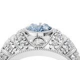 Platinum Fancy Blue Oval Cut Brilliant Halo Pave Diamond Milgrain Ring_10