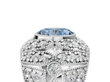 Platinum Fancy Blue Oval Cut Brilliant Halo Pave Diamond Milgrain Ring_11