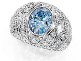 Platinum Fancy Blue Oval Cut Brilliant Halo Pave Diamond Milgrain Ring_7