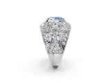 Platinum Fancy Blue Oval Cut Brilliant Halo Pave Diamond Milgrain Ring_8