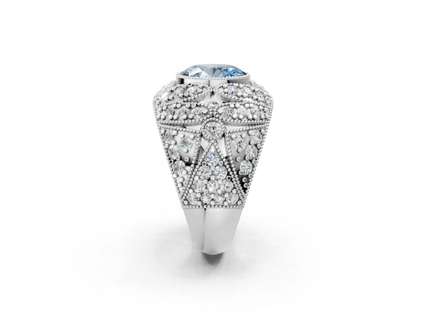 Platinum Fancy Blue Oval Cut Brilliant Halo Pave Diamond Milgrain Ring
