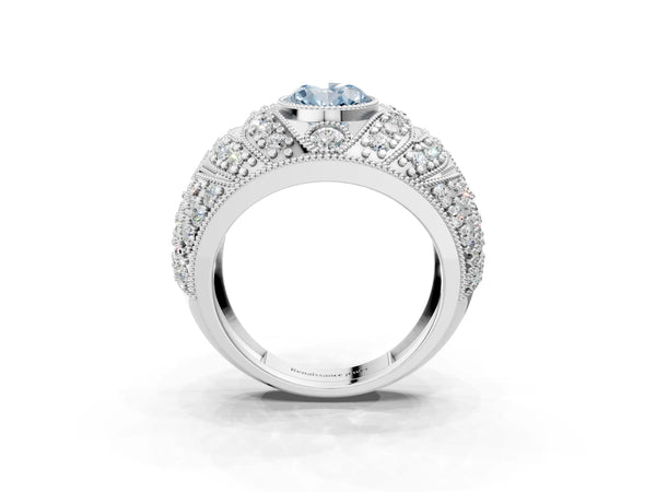 Platinum Fancy Blue Oval Cut Brilliant Halo Pave Diamond Milgrain Ring