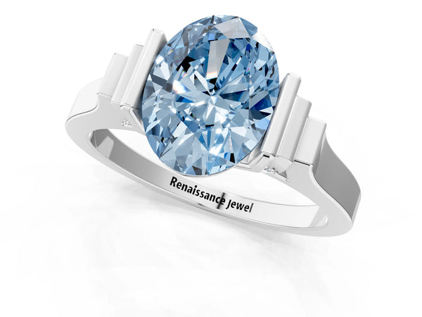 Platinum Fancy Blue Oval Cut Brilliant Solitaire Diamond Ring with Channel Set Band and Bar Prong Setting