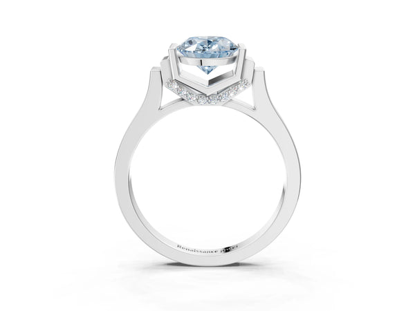 Platinum Fancy Blue Oval Cut Brilliant Solitaire Diamond Ring with Channel Set Band and Bar Prong Setting