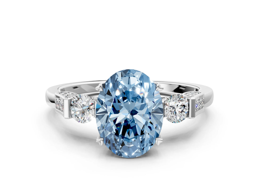 Platinum Fancy Blue Oval Cut Brilliant Three-Stone Pave Band with Four-Prong Setting_6