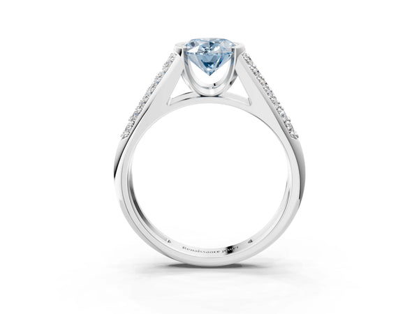 Platinum Fancy Blue Oval Cut Diamond Channel Set Pave Band with Tension Prong Setting