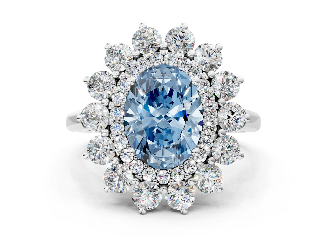 Platinum Fancy Blue Oval Cut Diamond Floral Double Halo Engagement Ring with Prong Setting_42