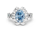 Platinum Fancy Blue Oval  Cut Diamond Floral Halo Engagement Ring with Shared Prong Setting