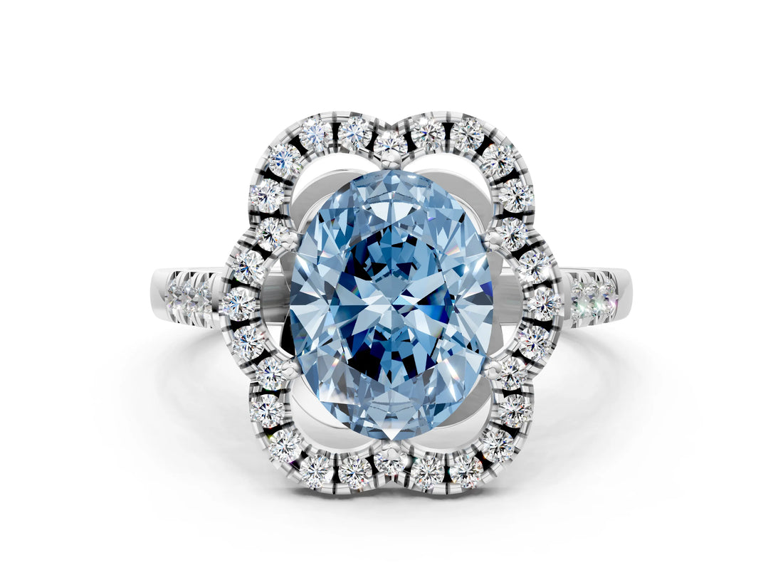 Platinum Fancy Blue Oval Cut Diamond Floral Halo Split Shank Prong Setting Ring_6