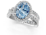 Platinum Fancy Blue Oval Cut Diamond Halo Ring with Round Split Shank and Prong Setting_13