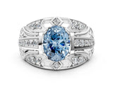 Platinum Fancy Blue Oval Cut Diamond Pave Art Deco Split Shank Ring with Four-Prong Setting_12