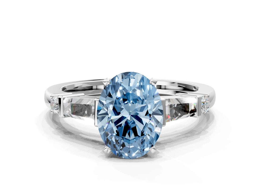 Platinum Fancy Blue Oval  Cut Diamond Ring with Baguette Side Stones, Channel Set Band, and Four-Prong Setting_24