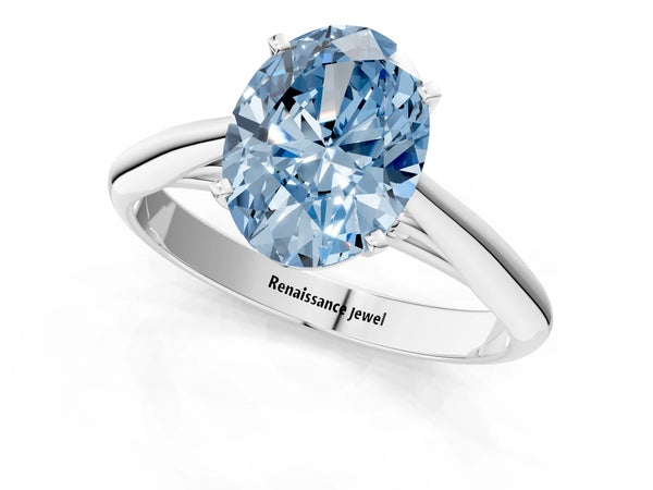 Platinum Fancy Blue Oval Cut Diamond Solitaire Engagement Ring with Cathedral Setting and Four-Prong Mount