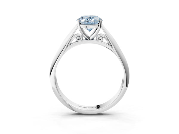 Platinum Fancy Blue Oval Cut Diamond Solitaire Engagement Ring with Cathedral Setting and Four-Prong Mount