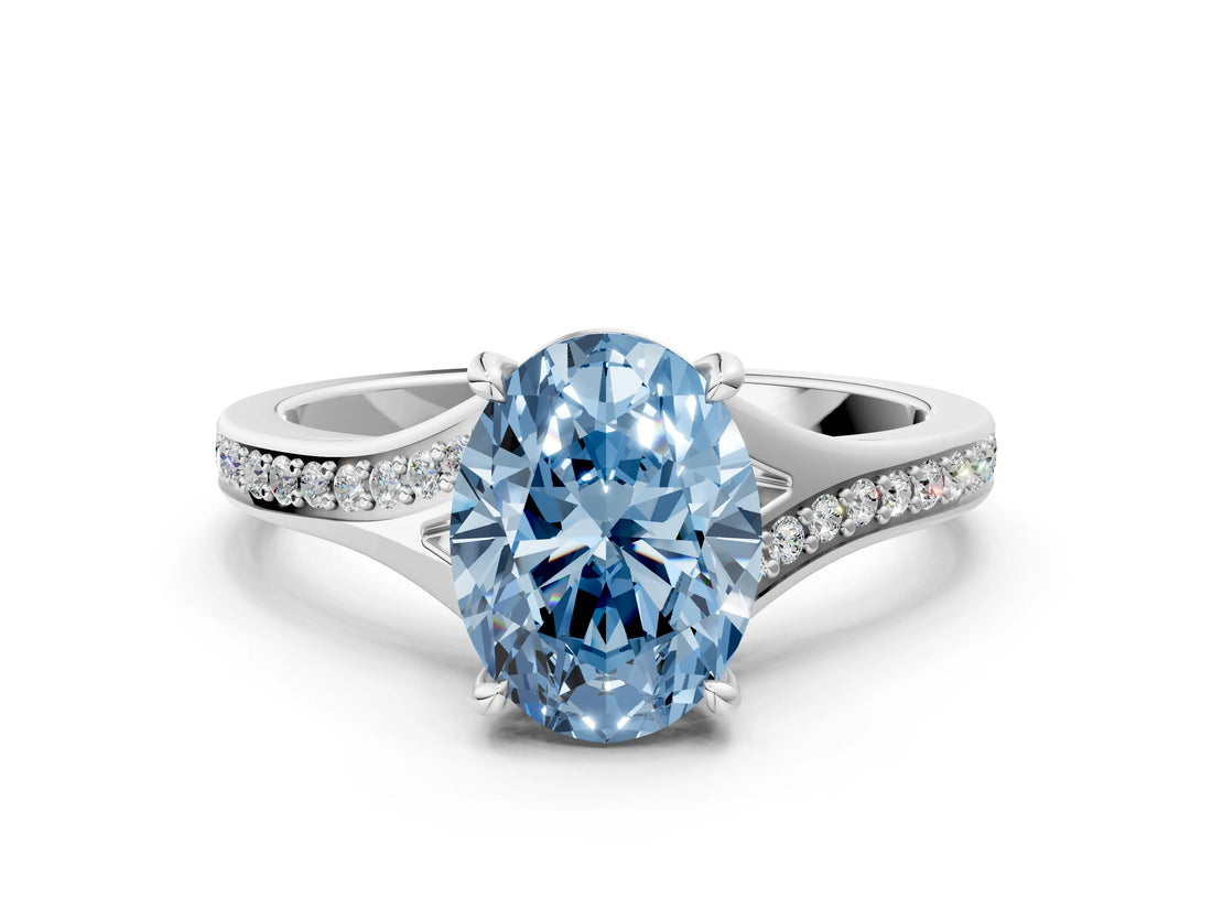 Platinum Fancy Blue Oval Cut Diamond Solitaire Ring with Pavé Band and Prong Setting_12