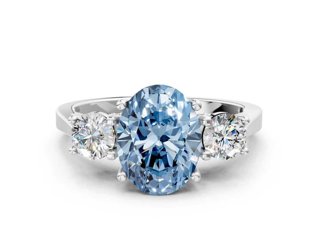 Platinum Fancy Blue Oval Cut Diamond Three-Stone Engagement Ring with Prong Setting and Pavé Band_12