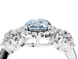 Platinum Fancy Blue Oval Cut Diamond Three-Stone Halo Ring with Prong Setting and Pavé Accents_16