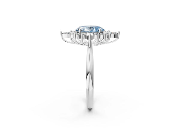 Platinum Fancy Blue Oval Cut Halo Diamond Cluster Ring with Marquise and Round Stones on a White Gold Band with Prong Setting