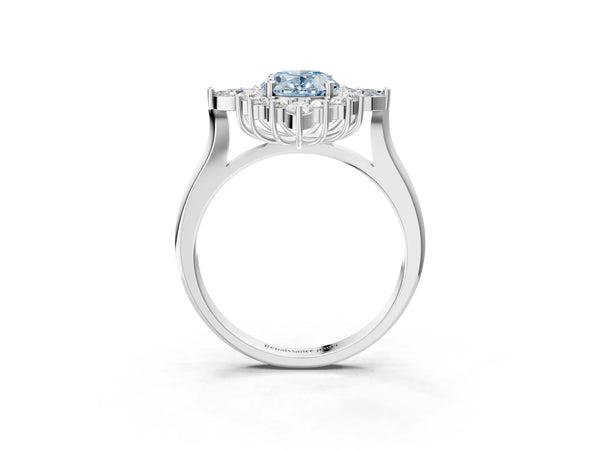 Platinum Fancy Blue Oval Cut Halo Diamond Cluster Ring with Marquise and Round Stones on a White Gold Band with Prong Setting