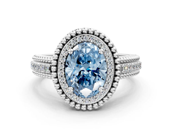 Platinum Oval Beaded Halo Engagement Ring Setting for Fancy Blue Center with Pave