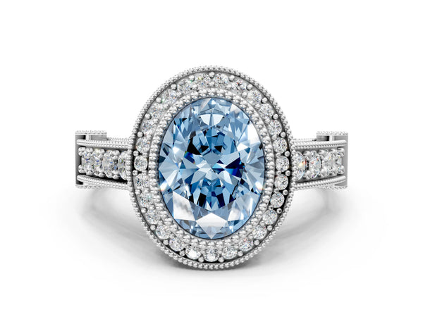Platinum Oval Vintage Bezel Halo Engagement Ring Setting for Fancy Blue Center
