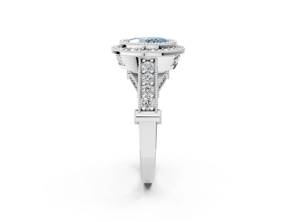 Platinum Oval Vintage Bezel Halo Engagement Ring Setting for Fancy Blue Center