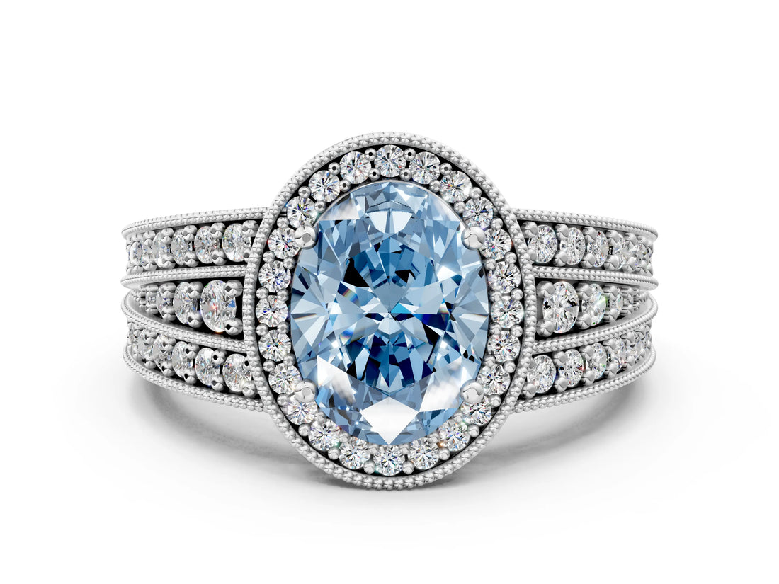 Platinum Fancy Blue Oval Cut Halo Diamond Split Shank Ring with Prong Setting_6