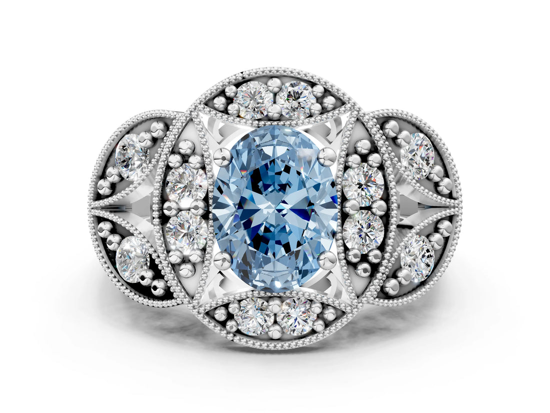 Platinum Fancy Blue Oval Cut Halo Milgrain Diamond Engagement Ring with Leaf Band and Four-Prong Setting_12
