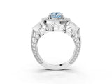 Platinum Fancy Blue Oval Cut Halo Milgrain Diamond Engagement Ring with Leaf Band and Four-Prong Setting_15