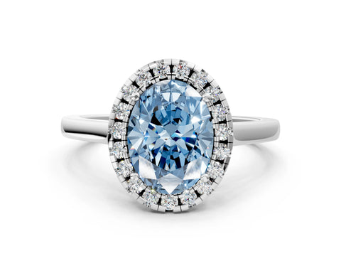Platinum Fancy Blue Oval Cut Halo Round Diamond Solitaire Ring with Pavé Band and Four-Prong Setting_24
