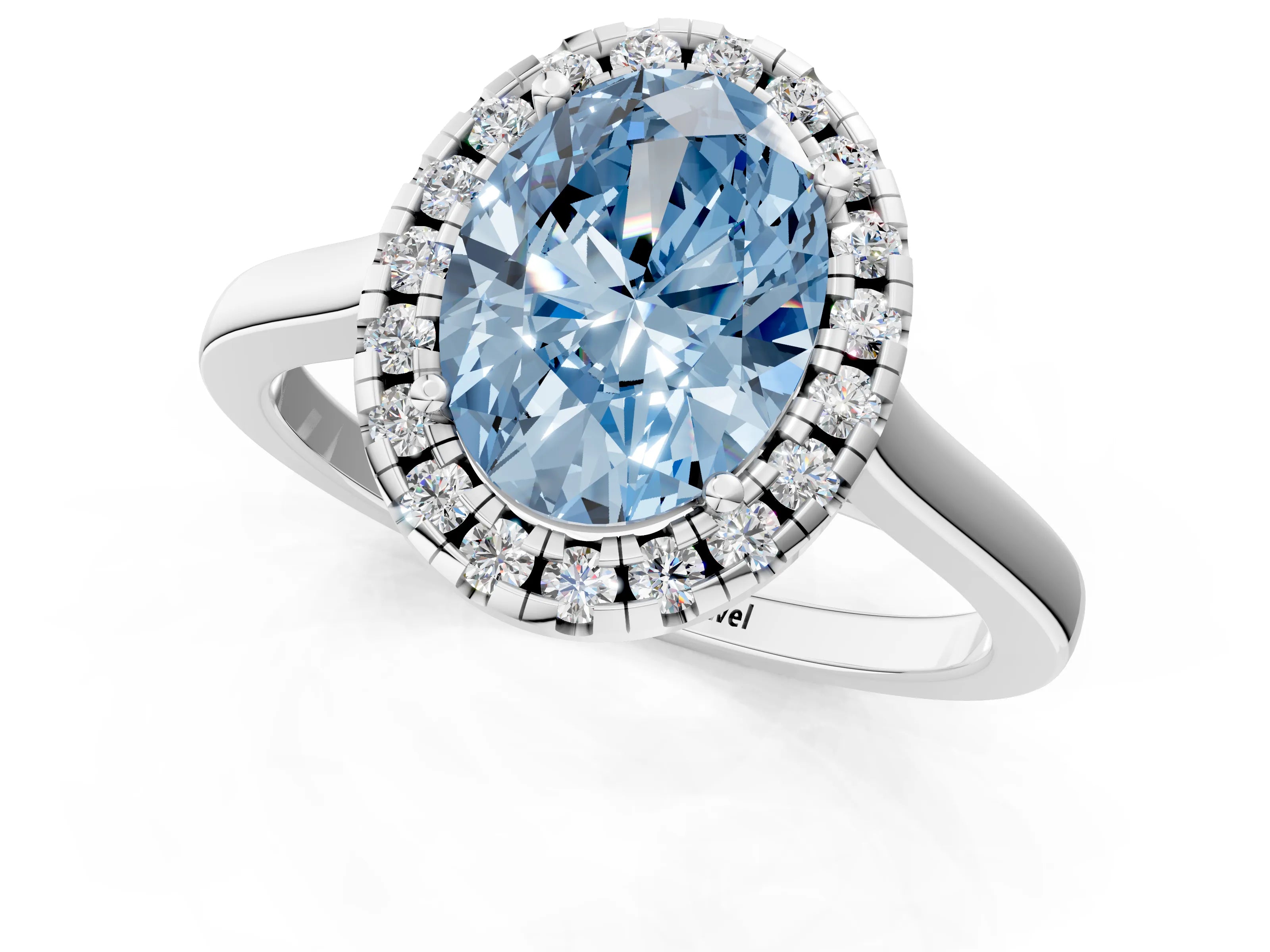 Platinum Fancy Blue Oval Cut Halo Round Diamond Solitaire Ring with Pavé Band and Four-Prong Setting_25