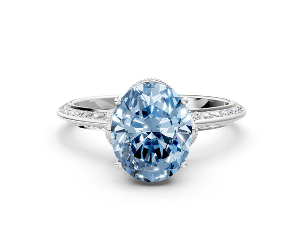Platinum Fancy Blue Oval Cut Solitaire Split Shank Pave Diamond Engagement Ring with Four-Prong Setting