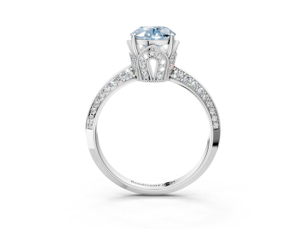 Platinum Fancy Blue Oval Cut Solitaire Split Shank Pave Diamond Engagement Ring with Four-Prong Setting