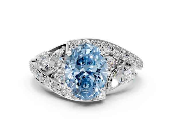 Platinum Fancy Blue Oval  Diamond Halo Ring with Marquise and Pavé Band in Prong Setting