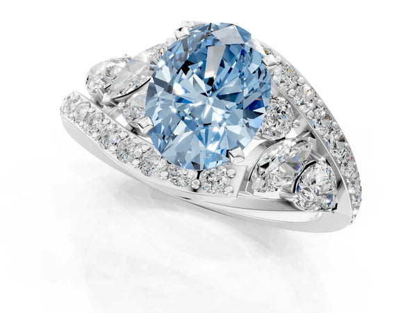 Platinum Fancy Blue Oval  Diamond Halo Ring with Marquise and Pavé Band in Prong Setting