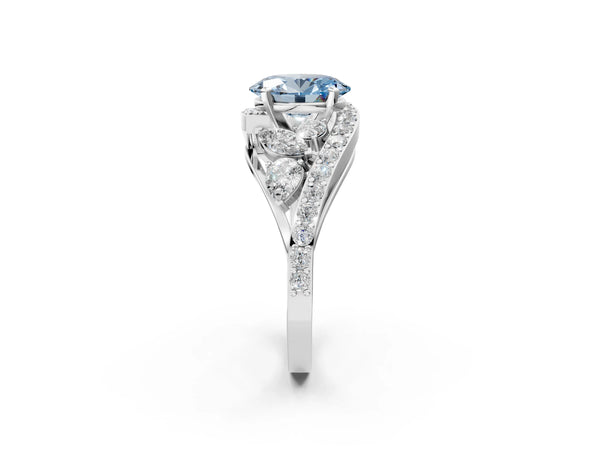 Platinum Fancy Blue Oval  Diamond Halo Ring with Marquise and Pavé Band in Prong Setting